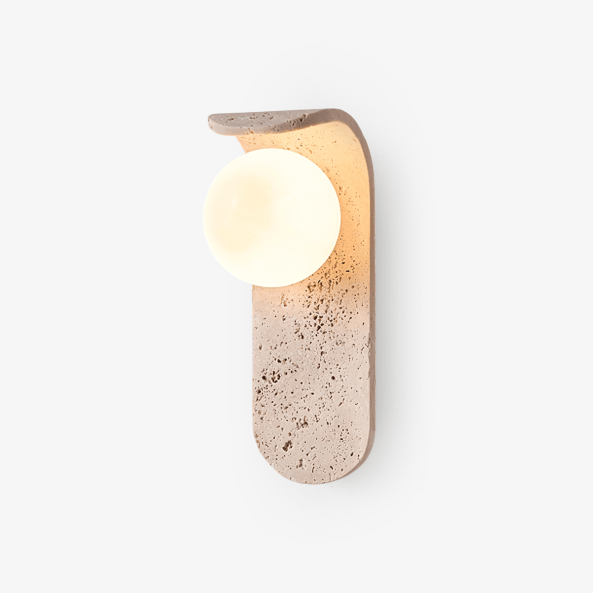 Travertine wall light with an opal glass globe on a curved arm (1)
