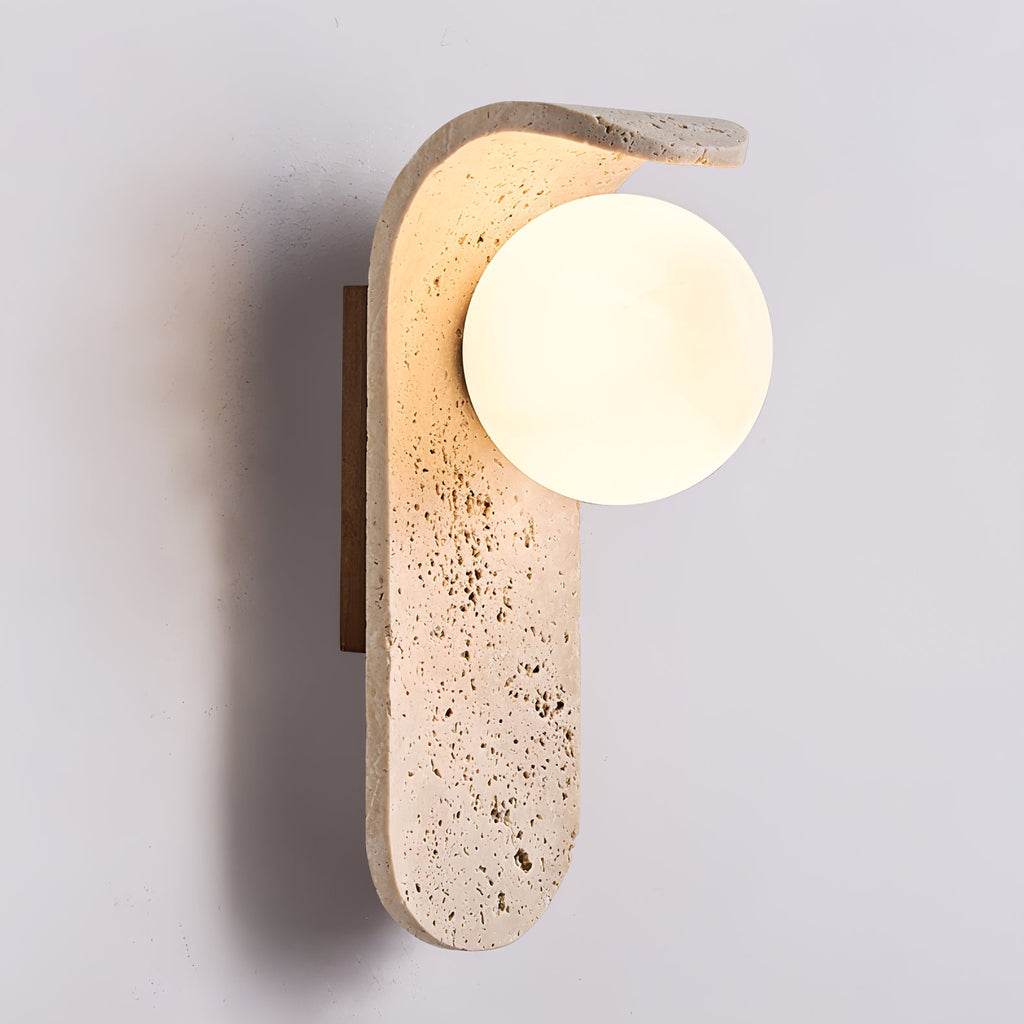 Travertine wall light with an opal glass globe on a curved arm (5)