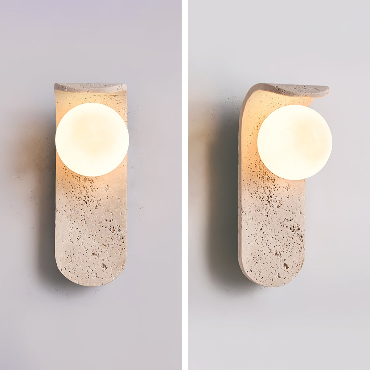 Travertine wall light with an opal glass globe on a curved arm (6)