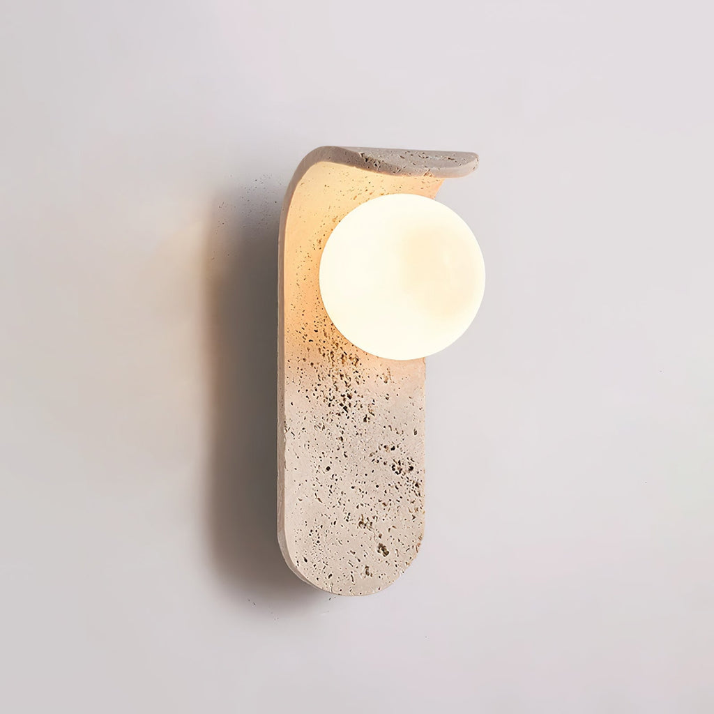 Travertine wall light with an opal glass globe on a curved arm (8)