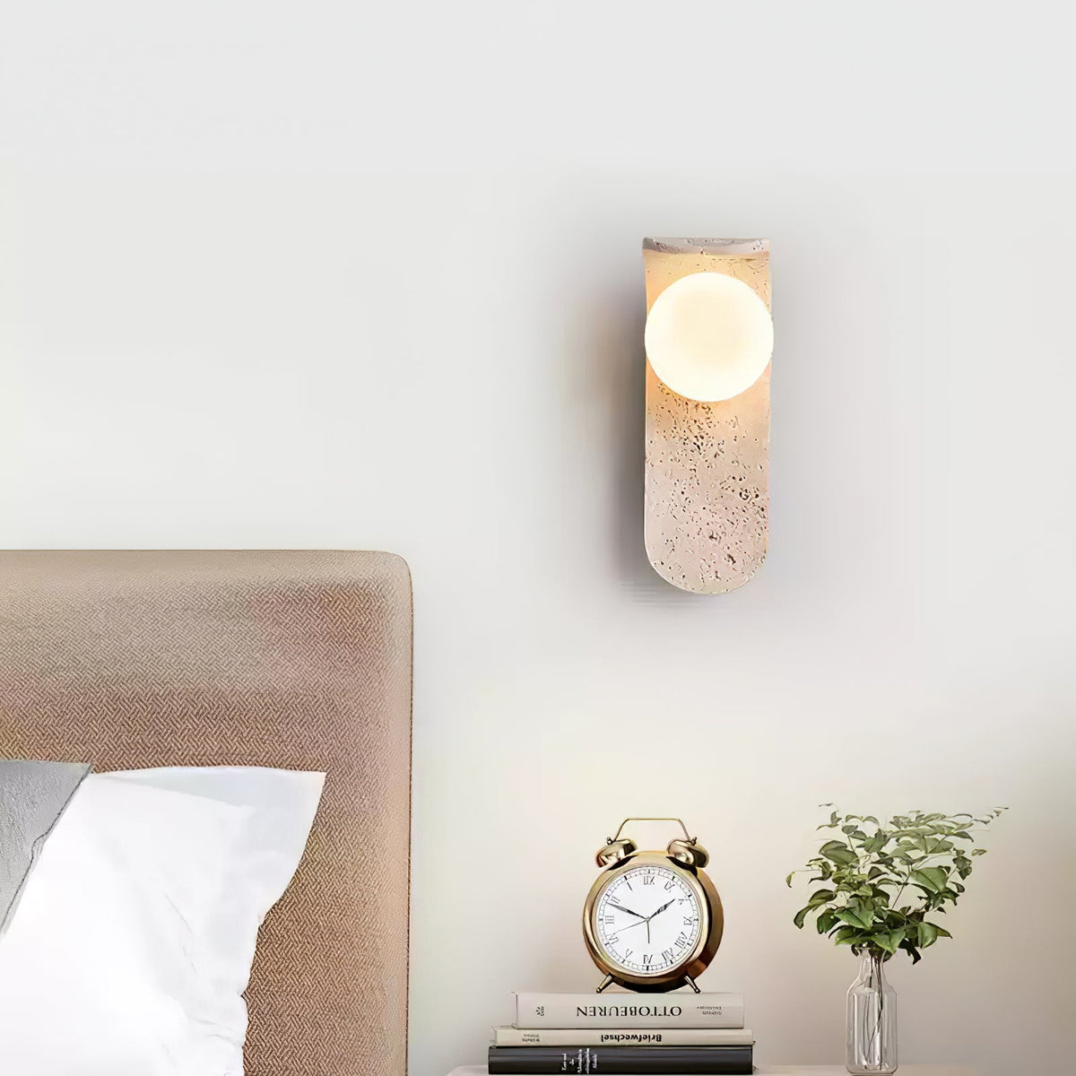 Travertine wall light with an opal glass globe on a curved arm (10)