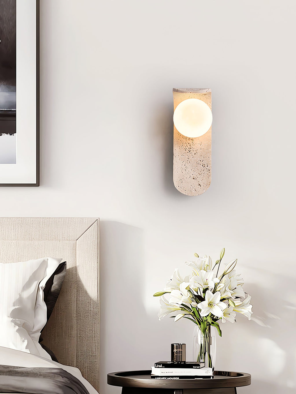 Travertine wall light with an opal glass globe on a curved arm (13)
